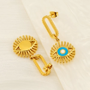 Gold plated stainless steel evil eye drop earrings with blue enamel detailing