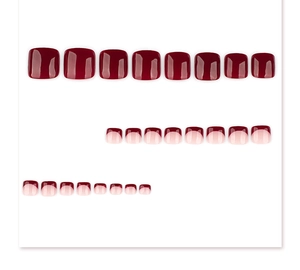 Macro view of 24pcs glossy dark red and French tips press-on toe nails in various sizes