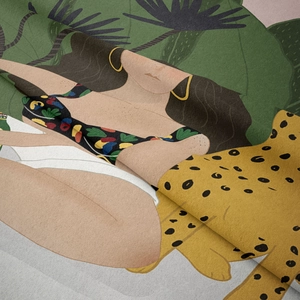 Close-up of bohemian wall tapestry showing soft flannel texture and tropical illustration