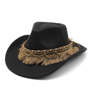 Retro black felt fedora hat with ethnic tassels and gold chains for men and women