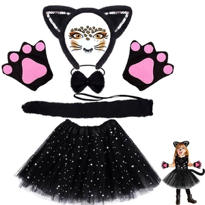 Costume da gatto nero per bambini con orecchie, coda, guanti e gonna a stelle