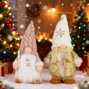 Pair of glowing Christmas gnomes with sequins and lights for festive holiday window display
