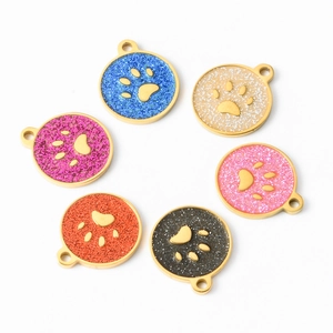 Detailed arrangement of colorful round glitter cat paw charms with gold stainless steel frames
