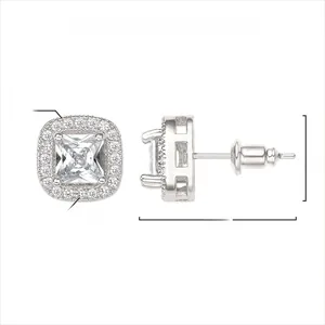 Detail view of 9mm square 18k white gold plated brass earrings with AAA zircon stones