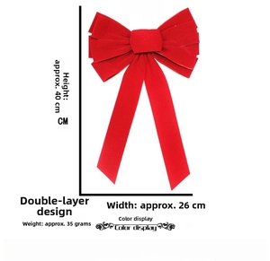 Detail view of large red velvet double-layer Christmas bow with dimensions 40x26 cm