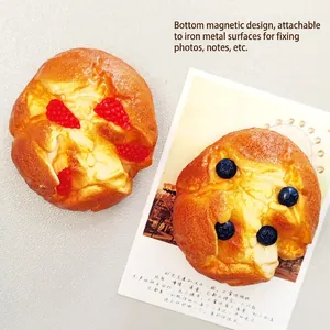 Realistic blueberry and raspberry faux bread fridge magnets on postcard background