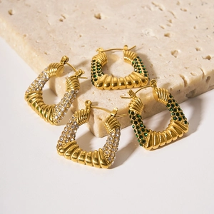 Fashion 18K gold stainless steel geometric stud earrings with white and green zircon stones