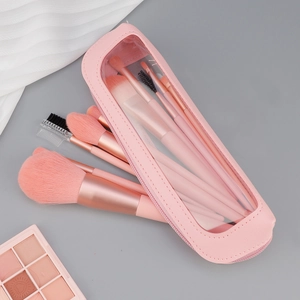 10-piece pink makeup brush set with foundation and eye brushes in a matching portable pouch