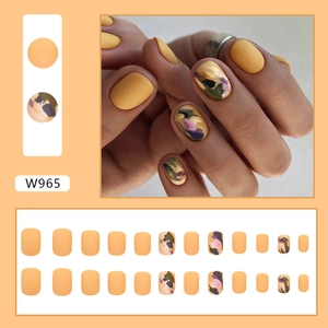 Short matte yellow press-on nails with artistic irregular abstract painting, 24 pieces
