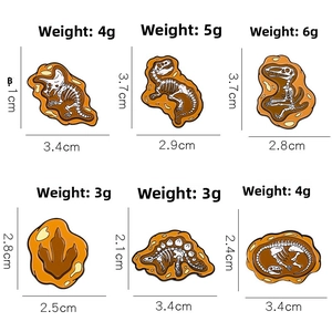 Detailed size chart and weight of vintage enamel dinosaur fossil bone skeleton brooches