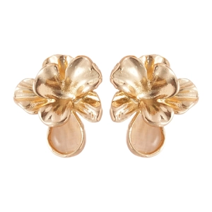French style gold flower stud earrings with opal stone petals on white background