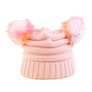 Pink knit baby beanie with colorful dual faux fur pom-poms for winter outdoor warmth