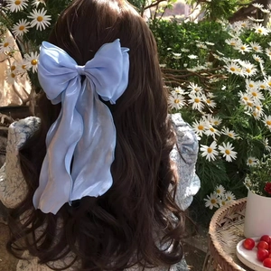 Elegant light blue bow hair clip with long ribbons on brown wavy hair in a garden
