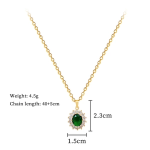 Detail view of oval green gemstone necklace showing pendant dimensions 2.3cm x 1.5cm