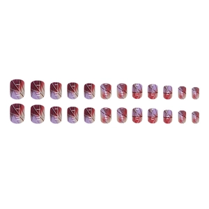 Short square press-on nails with purple gradient glaze and silver geometric line art