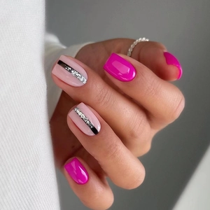 24pcs Rose Red Pink Press-on Nails Black Vertical Stripes Silver Glitter Mid-Long Square False Nails With Glue For Women