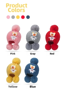 Winter knit hats for kids with three faux fur pom-poms and cute bear patches in five colors