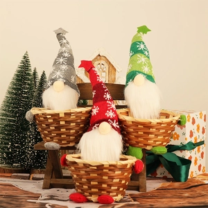 Three-piece Christmas gnome bamboo candy baskets set with festive knitted snowflake hats