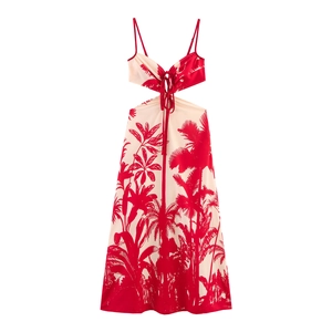 Women Tropical Palm Tree Print Maxi Dress Spaghetti Strap Tie Front Cutout Waist High Waist Summer Beach Vacation Red