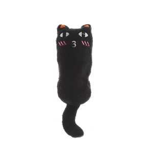 Detail view of cartoon black cat plush toy with funny face embroidery and durable fabric