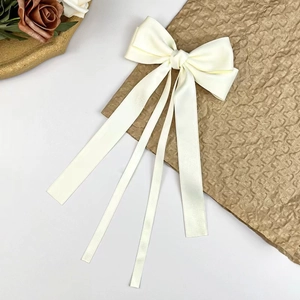 Pinza para el pelo con lazo de satén crema y cintas largas para accesorios de mujer