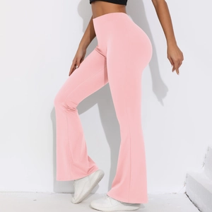 Rosafarbene High-Waist-Yogahose mit Schlag aus elastischem Stoff und ausgestelltem Saum