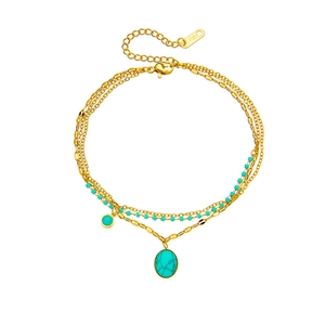 Three-layer gold stainless steel anklet with oval turquoise pendants on white background