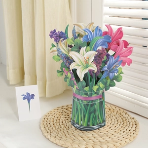 3D popup greeting card featuring a bouquet of lilies and flowers with a mini note card