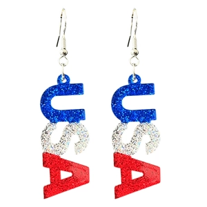 Close-up of USA letter earrings with red white and blue glitter acrylic finish