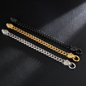 Men's hip hop lion head Cuban link bracelets in gold, silver, and black steel tones