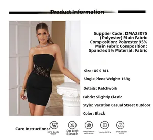 Détails du patchwork en dentelle et découpes sur une mini robe moulante noire sexy