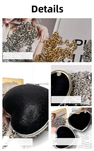 Detailed views of heart-shaped evening bag with glitter texture and metal chain strap
