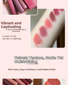 Detailed swatches of velvet matte lip glaze set in six shades from plum to tomato red