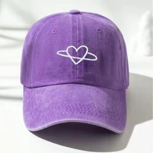 Vintage washed purple cotton baseball cap featuring white heart planet embroidery