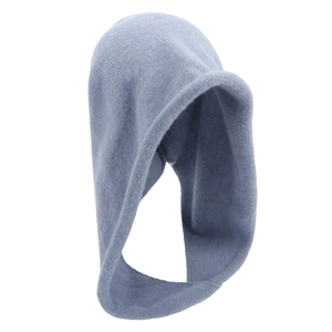 Close-up of the soft light blue knitted texture and stitching on the winter hood scarf