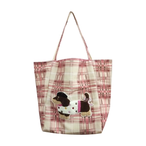 Pink checkered canvas tote bag with cute dog patch embroidery and large capacity