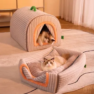 Gezellig 2-in-1 huisdierbed voor katten en honden, warm grijs gestreepte stof, opvouwbaar