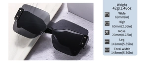 Detailed size chart for oversized rimless sunglasses showing lens width and frame dimensions