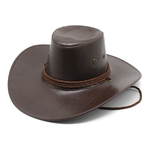 Dark brown faux leather western cowboy hat with woven trim and adjustable wind cord