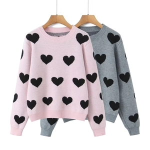 Women Heart Pattern Knitted Sweater Long Sleeve Crew Neck Polyester Pullover Loose Soft Knitwear Top
