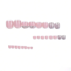 Classic French pink press-on toe nails with glitter and rhinestone accents, 24 piece set