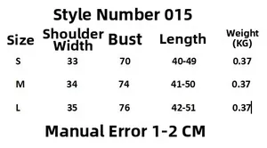 Size chart for asymmetrical top showing shoulder, bust, and length in S, M, and L