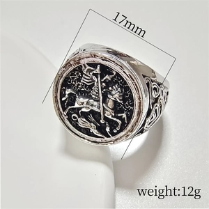 Vintage silver horse signet ring for men with knight totem and 17mm round relief design