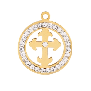 Pendentif croix évidée en or élégant avec zircons clairs et design circulaire