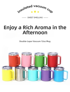 Nine colorful 12oz double-wall vacuum insulated stainless steel mugs with handles