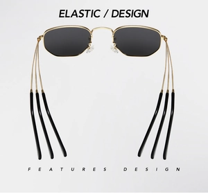 Detail showing elastic metal temples of sunglasses with flexible design for comfort