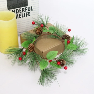 PVC pine needle Christmas wreath with red berries and pinecones for candle ring decor