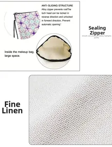 Detail view of floral linen makeup bag with anti-rust alloy zipper and inner lining