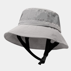 Detail of grey sun hat showing breathable mesh panels and adjustable chin strap
