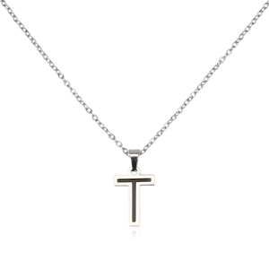 Detail of silver T-letter pendant necklace with black inlay and O-shaped link chain